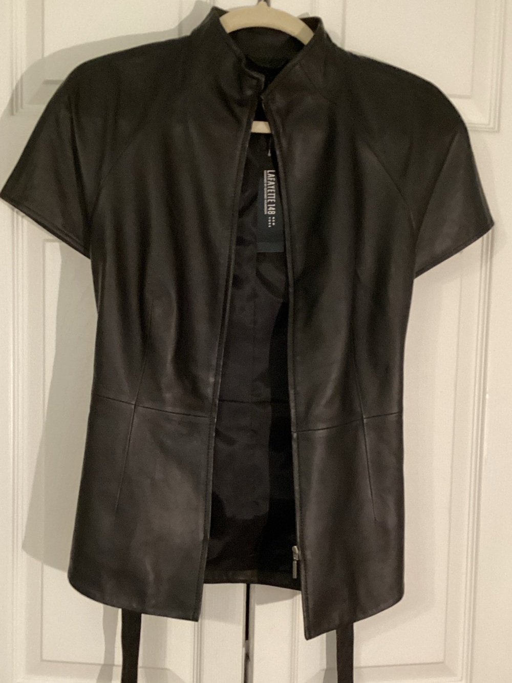 Lafayette 148 New York Black Short-Sleeve Real Leather Zip Belted Jacket 2 NWT - Picture 3 of 7